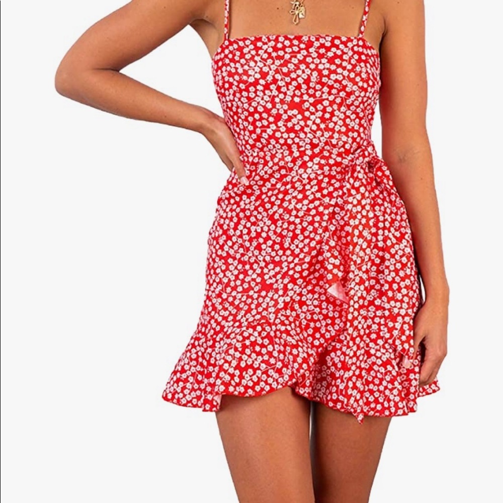 Red Floral Summer Wrap Dress